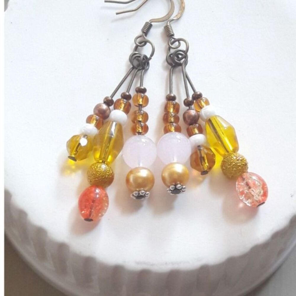 Yellow Glass Antique.Bronze Hooks Hidden Meaning earrings Throwback Kid, G  363■